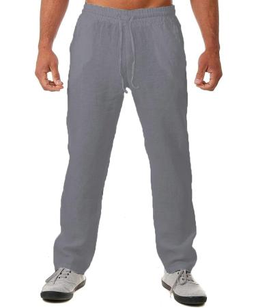 Men's Lightweight Linen Elastic-Waist Drawstring Pants - Summer Casual Loose Fit Beach Yoga Trousers with Pockets (X-Large, Gray) - Buy Online on GoSupps.com