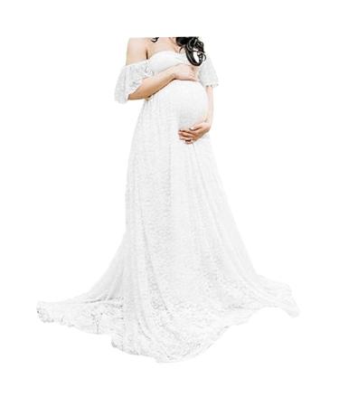 Odoukey Maternity Dress Lace Strapless Gown Floral Maternity Photography Dress Fancy Pregnancy Dress for Pregnant Photoshoot(White S)
