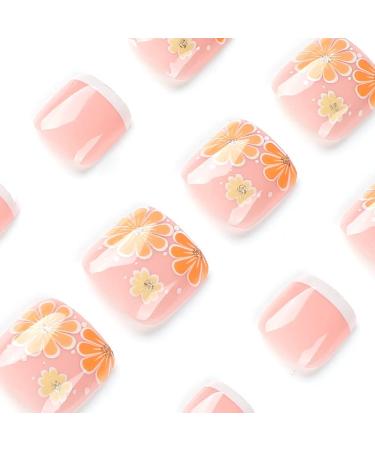Floral Design Pink Square Fake Toenails - 24pcs Acrylic Toe Nails for Women - Glossy French Fake Nails - Glue-on ToeNails by diduikalor - Buy Online on GoSupps.com