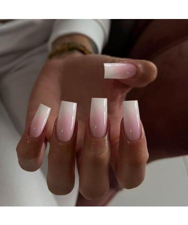 Long Press On Nails Coffin Nails Press Ons KQueenest Ombre Pink Long Fake Nails For Women Gradient Pink French Nails Thick Gel Square Tip Nails Acrylic False Nails Set 24 Pcs glossy gradient pink