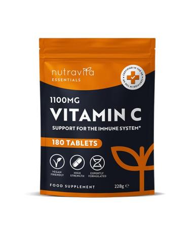 Vitamin C Tablets 1100mg 180 Premium Vegan and Vegetarian Tablets 3 Month Supply - High Strength Ascorbic Acid - Vitamin C for The Immune System - Letterbox Friendly - Made in The UK by Nutravita