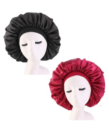 2 PCS Satin Silk Bonnet Sleep Cap Extra Large Jumbo Day and Night Cap Hat Salon Bonnet Head Hair Covers Chemo Caps with Elastic Wide Band for Black Women Long Curly Natural Hair Braids Wine Red + Black