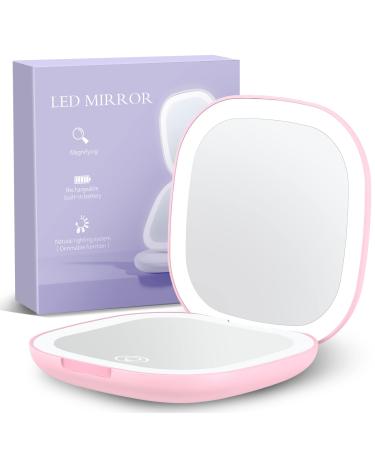 Gospire Rechargeable Travel Makeup Mirror with Lights and Magnification 1X/10X  LED Compact Mirror with 3 Light Colors & Adjustable Brightness  Small Vanity Mirror Handheld for Purses   Pink