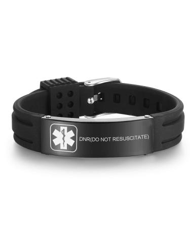 VNOX DNR(DO NOT RESUSCITATE) Medical Alert ID Black Silicone Rubber Stainless Steel Adjustable Bracelet