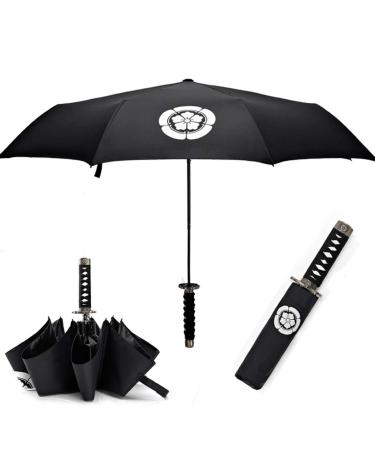 Cool Lemon Samurai Katana Master Sword Hilt Handle Folding Umbrella Anime Portable Travel Japanese Ninja Compact Umbrellas Windproof, Black Glue Anti UV, Business Birthday Gift for Men