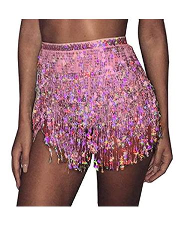 REETAN Boho Belly Skirt Sequins Belly Hip Scarf Tassel Fringe Skirt Rave Party Dance Performance Costume for Women and Girls B-pink