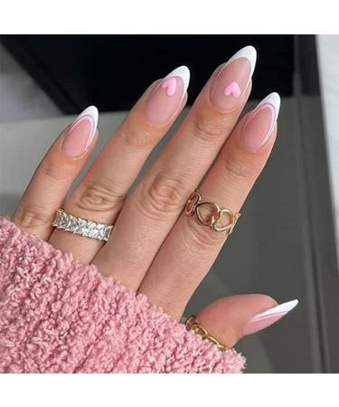 Valentine's Day False Nails Pink Heart Press on Nails Almond Stick on Nails French Short Fake Nails 24pcs for Women and Girls (Color : Pink Size : 24 Piece Assortment)