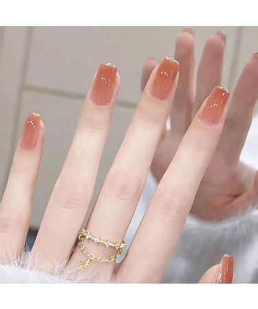 SINLOV Medium Long Square Fake Nails Pink French False Nail Glossy Full Cover False Nails Press on False Nails for Women and Girls