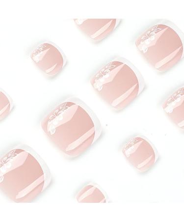 24Pcs Glossy Nude Pink French Tip False Toe Nails with Floral Designs - Acrylic Press On Toenails for Women & Girls - Buy Online on GoSupps.com