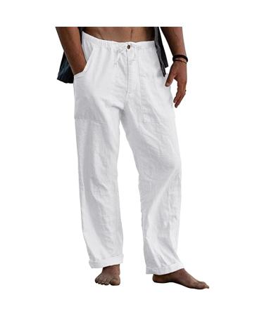Angbater Men's Linen Summer Beach Pants Loose Fit Yoga Pant Casual Lightweight Elastic Waist Trousers with Pockets 3X-Large White