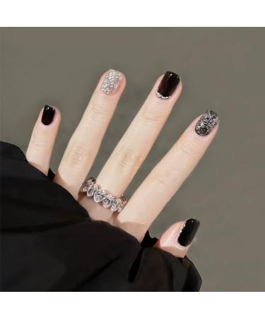 Apictseoo 24 Pcs Press on Nails Short  Glossy Black Glittering Silver French Tips Square Fake Nails 12 Sizes  Acrylic Full Cover Jelly Gel Nail Kit for Women Girls 376 Black sparkling silver