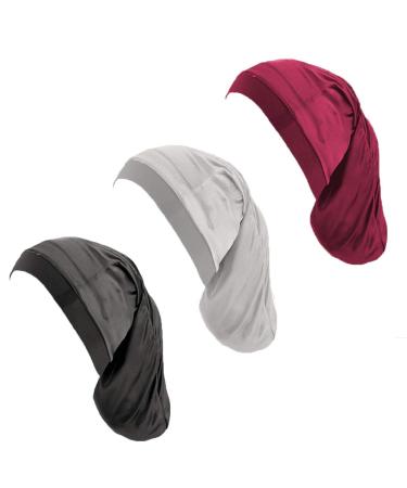 Unisex Spandex Satin Dreadlocks & Braids cap 3 Packed Night Sleeping Head Covers for Women Men (Wine+Grey+Black) B1-solid-3 Packed