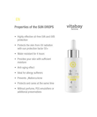 VITABAY Sun Drops Face LSF 50 - Waterproof SPF 50 Sunscreen Anti-Aging UV Protection - 40ml Sunfluid for All Skin Types - Buy Online on GoSupps.com