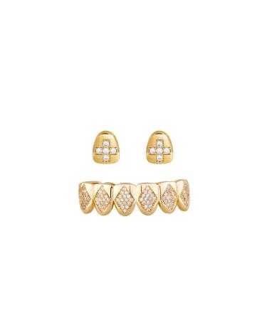 Hip Hop Gold Teeth Grillz DIY Combination Set with Iced Out Zircon Halloween Cosplay Party Tooth Rapper Gift for Women Men 003