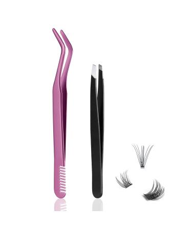 Eyelash applicator tool 1 eyelash applicator for clusters eyelashes plus 1 eyebrow tweezers DIY eyelash extensions tweezers set (2 pieces)