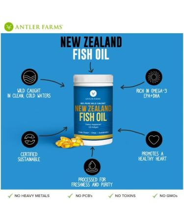 Antler Farms - 100% Pure Wild Caught New Zealand Fish Oil from Deep Ocean Cold Water Fish 120 Softgels - Clean Fresh Omega-3 EPA + DHA Supplement Keto Friendly Super Clean - Buy Online on GoSupps.com