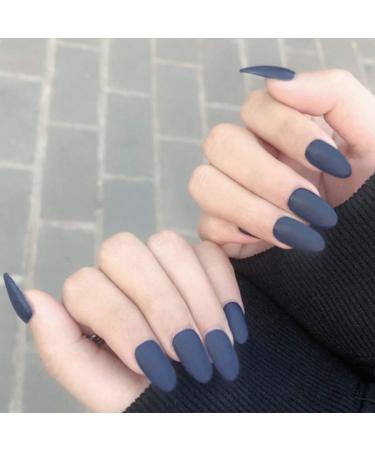 Sethain matt oval false nails tips blue pure fingern fingernail medium complete cover 24 pieces press nail for women and girls