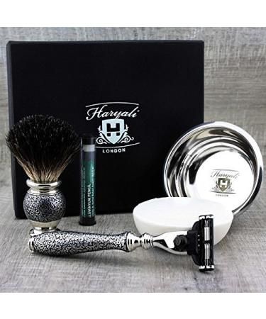 5 Pc Mens Grooming & Shaving Kit 3 Edge Razor with Black Badger Hair Shaving Brush Soap Bowl and Alum Perfect Set for Men