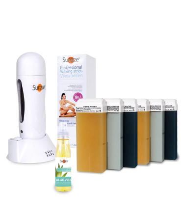 Sunzze Warm Wax Set L - Complete Waxing Kit with 6 Roll-On Cartridges Heater Fleece Strips & After-Wax Lotion for Smooth Skin - International Shipping - Buy Online on GoSupps.com
