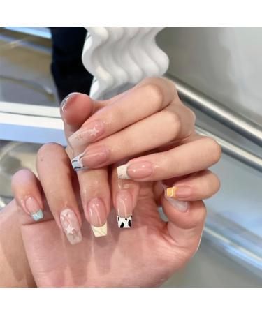 French Tip Press on Nails - Mid length Press On Nails with Nail Tips Star striped nude fake nails press on nails Acrylic False Nails Cute Artificial Nails - Buy Online on GoSupps.com