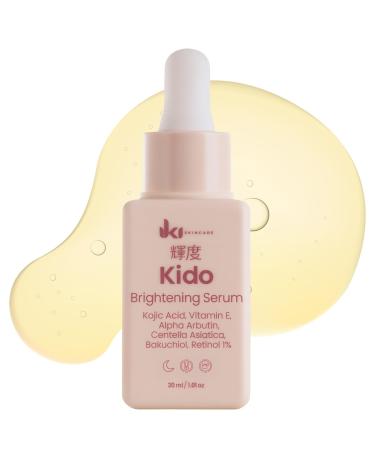 IKI Kido Brightening Serum - Reduces Dark Spots Evens Skin Tone Hydrates Deeply Non-Irritating Formula Kojic Acid Alpha Arbutin Retinol Serum for Face Centella Asiatica & Vitamin E