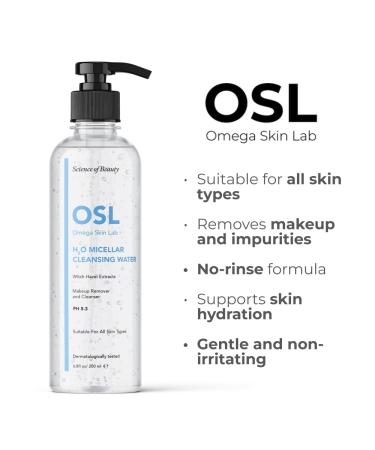 Osl Omega Skin Lab H2O Mizelle Cleaning Water 200ml - Gentle Micellar Makeup Remover with Hamamelis Extract | Daily Facial Cleanser - Buy Online on GoSupps.com