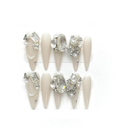 Full Diamond Nail Decoration Dove Bridal Wedding Nail Handmade Wearing Nail Decoration Removable False Nail Patch(White M)