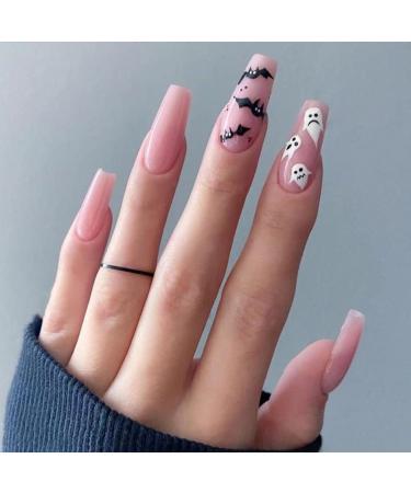 Halloween Press on Nails Long Acrylic Coffin Fake Nails Pink Glue on Nails Ghost Bat Glossy Artificial False Nails Tips Set for Women and Girls Nail Art Decoration 24Pcs