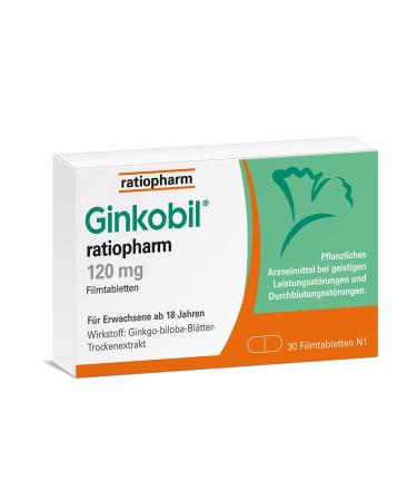 Ginkobil Ratiopharm 120 mg film -coated tablets strengthen the memory performance and concentration performance* with the extract from Ginkgo Biloba 30 film -coated tablets 30 pieces (1 Pack)