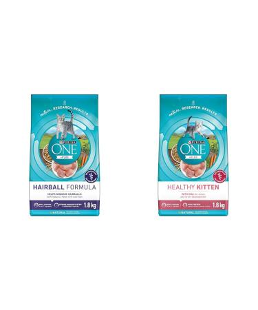 Purina ONE Dry Cat Food Hairball Formula 1.8 kg & Healthy Kitten Food Dry Cat Food 1.8 kg