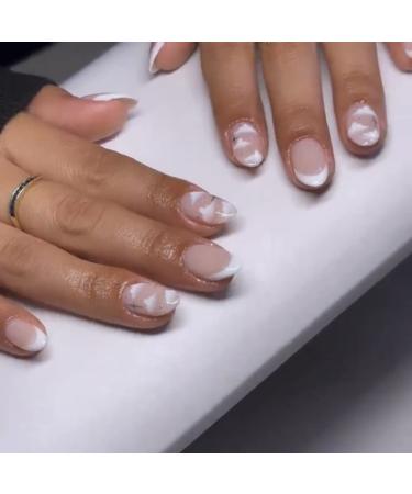 JUSTOTRY 24 Pcs Almond Short False Nails with Stars and Cloud Pattern White French Press on Nails Fake Nails Short with Nail Glue Oval Medium Stick on Nails for Women Nails Fake Nail for Nails Art white& stars1