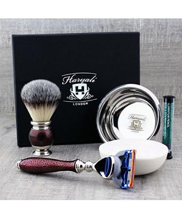 5 Pc Mens Shaving Kit 5 Edge Razor With Synthetic Badger Hair Shaving Brush Soap Alum and Stainless Steel Bowl Perfect Set For Men