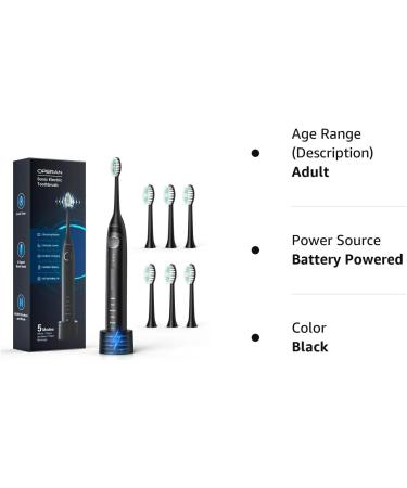 Operan Electric Toothbrush for Adults and Kids - High Power Sonic Rechargeable Toothbrush with Smart Timer, 5 Modes, 6 Brush Heads - 40,000 VPM Motor - 6 Hours Fast Charge - 100 Days Battery Life - Black - Buy Online on GoSupps.com