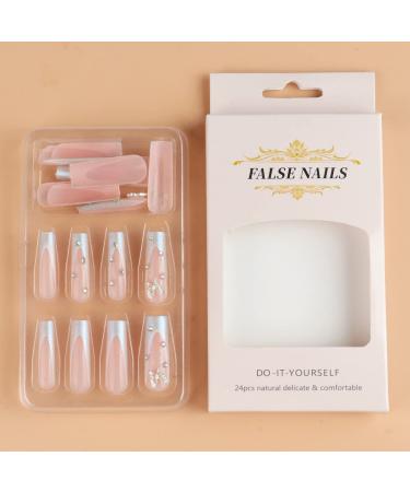 24pcs Long Square French Tip Press on Nails with 3D Metal Butterfly and Rhinestone Acrylic Nails - Pink White False Nails for Women Manicure Decor - Buy Online on GoSupps.com