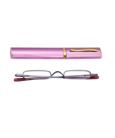 Easy Carry Mini Compact Slim Reading Glasses—Lightweight Portable Readers with w/Pen Clip Tube Case Purple 4.0 x