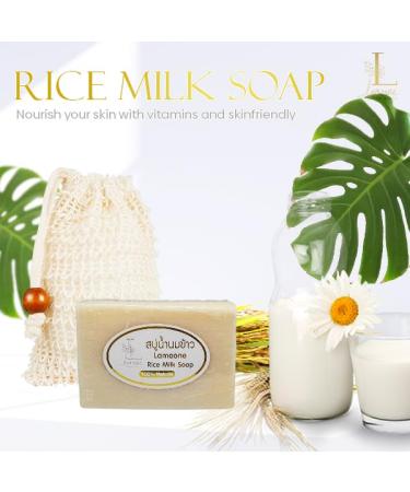 Herbal Rice Milk Soap with Natural Exfoliating Bag | Organic Moisturizing Soap Bar 3.5oz - Collagen & Vitamin E | Made in Thailand - Buy Online on GoSupps.com