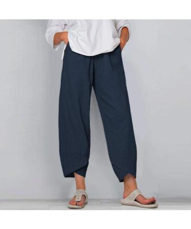 Cotton Linen Print Women's Summer Capri Pants with Pockets - Navy Small - Buy Online on GoSupps.com