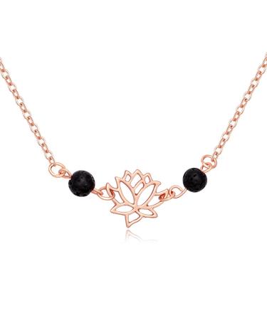 Lava Rock Stone Lotus Flower Pendant Necklace for Aromatherapy Essential Oil Diffuser Jewelry rose gold