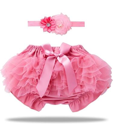 EQLEF Bloomer Shorts Baby Frilly Knickers With Layered Lace Nappy Cover Baby Girls Ruffle Pants and Headband Set for Baby Photography Prop Costume Pink