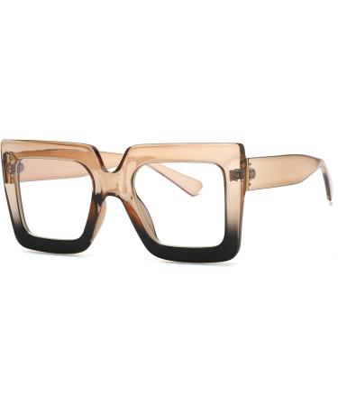 ALWAYSUV Oversized Square Blue Light Glasses for Women - Stylish Big Frame Eyewear in Champagne & Black - Protect Your Eyes with Clear Lens Computer Glasses - Buy Online on GoSupps.com