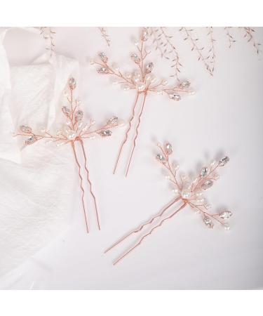Chargances Crystal Bridal Pearl Hair Pins Set Wedding Rhinestone Hair Pins Elegant Pearl Beaded Wedding Hair Accessories for Women and Girls (Rose Gold)