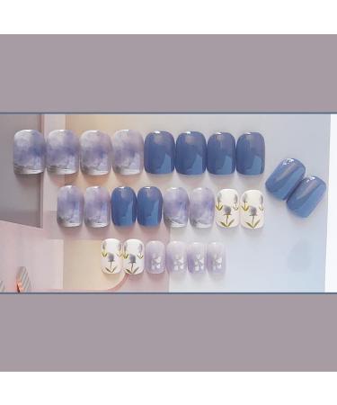 Diduikalor 24PCS French Purple Blooms Press On Nails Short Coffin Medium Length Fake Nails for Women - Buy Online on GoSupps.com
