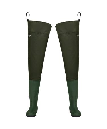 Hip Waders, Lightweight Waterproof Hip Boots for Men and Women, Nylon Fishing Hunting Bootfoot with Cleated Outsole, Size 10, Army Green M10/W12