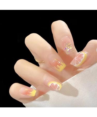 Lemon Press on Nails Short Square Fake Nails Summer Fruit Design Acrylic Full Cover False Nails Detachable Nail Tips French Glitter Stick on Nails for Women and Girls 24Pcs