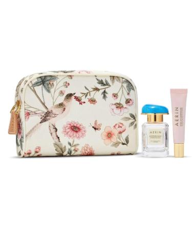 AERIN Mediterranean Honeysuckle Essentials Gift Set.- Eau de Parfum 1 fl oz / 30 ml Rose Lip Conditioner full-size and Canvas Cosmetic Bag