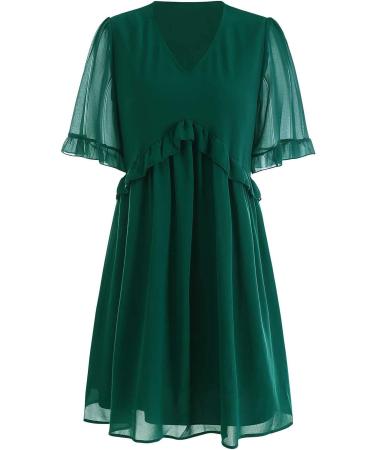 Thsue Women's Green Chiffon Lace Midi Dress - Formal Wedding Guest Short Sleeve Summer Dress - Buy Online on GoSupps.com