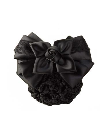 Women Hair Bun Cover Net Snood Hairnet Bowknot Decor Satin Bow Barrette French Hair Clip Bow Ribbon Flower Hair Accessories For Stewardess Banks Hotels Restaurant Staff (Black)