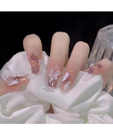 SINLOV Long Coffin Flower False Nails Pink Butterfly Nude French Fake Nails Glossy Press on Nails Ballerina Acrylic Full Cover Fake Nails for Women and Girls