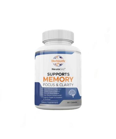 BioYouth Labs NeuroGro Natural Brain Supplement for Adults, 60 Capsules - Nutritious Blend of Bacopa Monnieri, Ginkgo biloba, Melissa Officinalis & Citicoline for Brain Focus & Memory