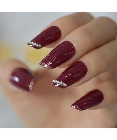 Burgundy Galaxy Glitter Shiny Medium Length Fake Nails Set - 24 Rhinestone DIY Nail Art Tips - Buy Online on GoSupps.com